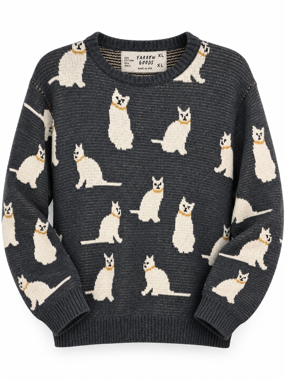 Yarrow Goods XL Cat Sweater Charcoal Gray Ivory Novelty Made in USA